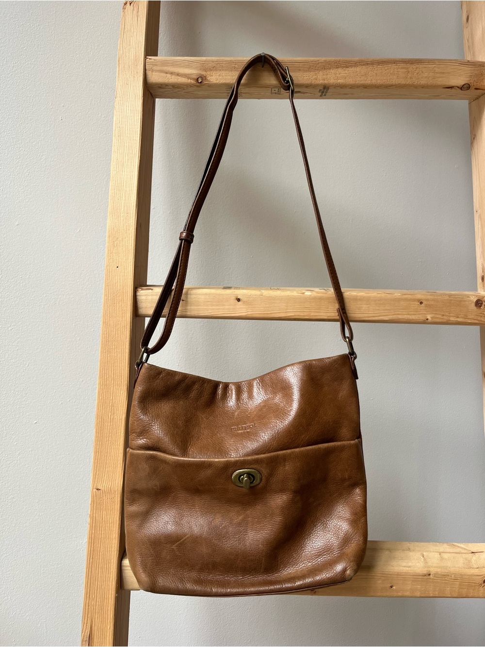 margot Cognac Leather Satchel with Turn-Lock Front Pocket